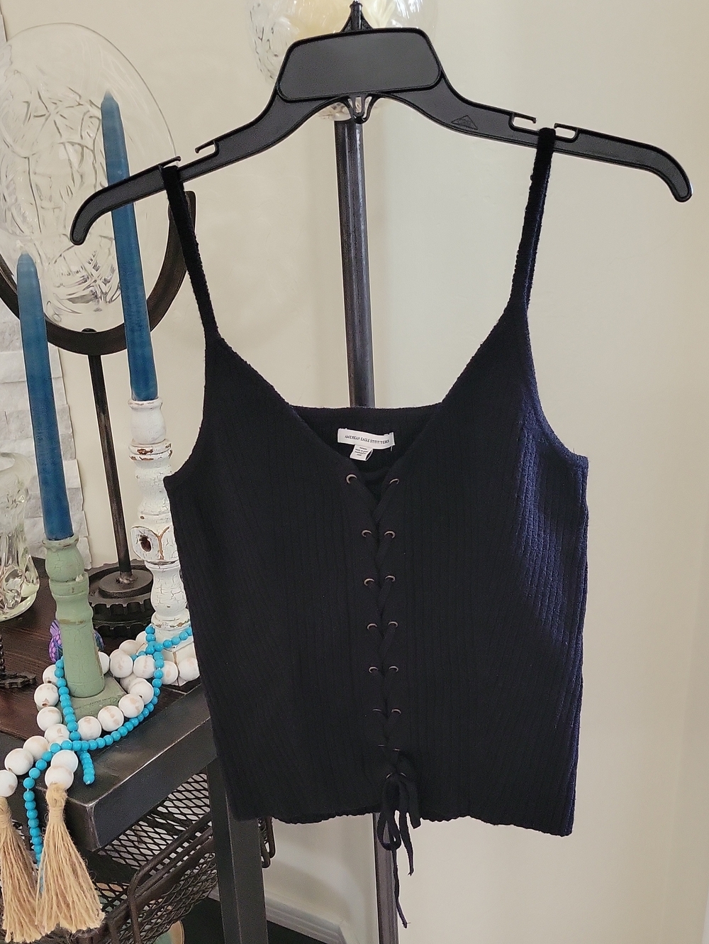 American Eagle Outfitters Black Ribbed Lace-Up Camisole